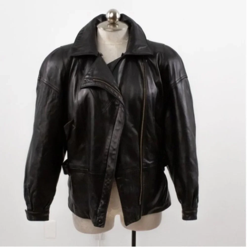 Vintage 80s Black Leather Jacket M Footballer Short Blazer Coat - Picture 9 of 14